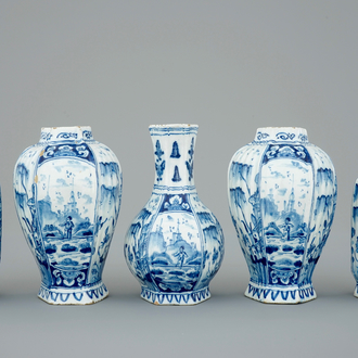 A fine 5-piece Dutch Delft blue and white garniture, 18th C.