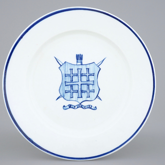 A Tournai porcelain plate with the arms of St.-Sebastian's Archers Guild and inscribed Brugge, 18th C.