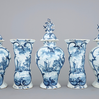 A 5-piece Dutch Delft blue and white garniture, 18th C.