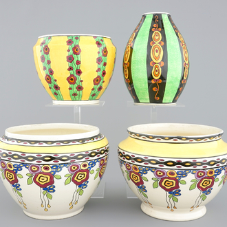 Boch Kéramis: 3 jardinieres and a vase, art deco, 20th C.
