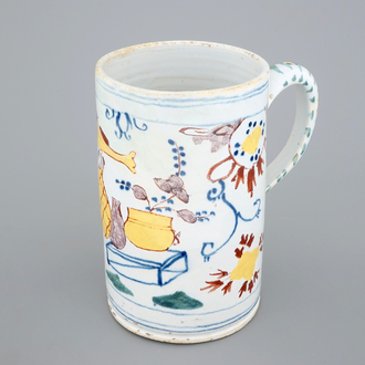 A very large Dutch Delft polychrome beer mug, 18th C.