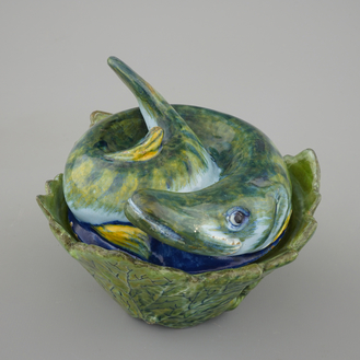 A polychrome Dutch Delft pike tureen and cover, 18th C.
