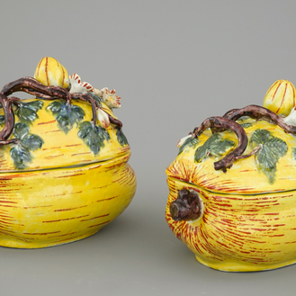 A pair of polychrome Dutch Delft pumpkin tureens and cover, 18th C.