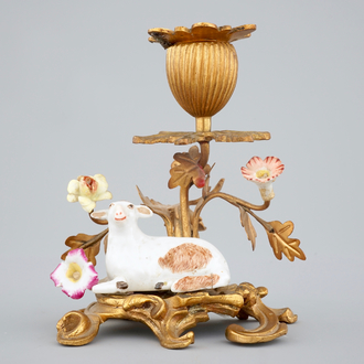 A Meissen porcelain sheep with gilt bronze candelabra mount, 19th C.