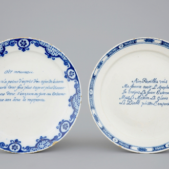 Deux assiettes parlantes en faïence de Delft pour le marché français, 18ème