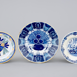 3 Dutch Delft dishes, blue, white and polychrome, 18th C.