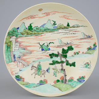 Een zeldzame Chinese famille verte op zeemleer ondergrond landschapsschotel, Kangxi