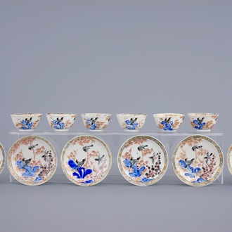 Een set van 6 Chinese koppen en schotels met vogels tussen bamboe, Yongzheng/Qianlong, 18e eeuw