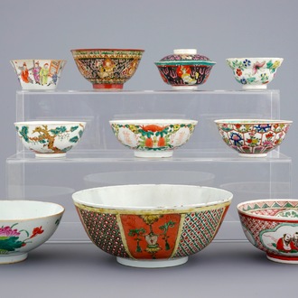 Een lot van 10 diverse Chinese famille rose en Bencharong kommen, 19/20e eeuw