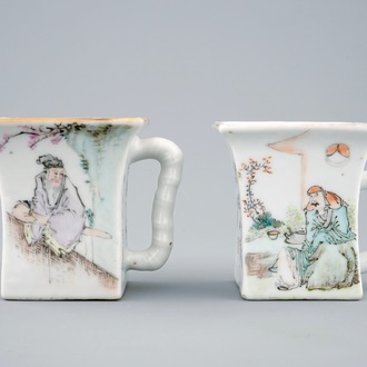 Deux tasses à vin rectangulaires en porcelaine de Chine qianjiang cai, 19/20ème