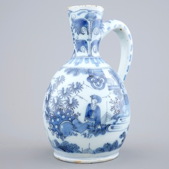 Een blauw-witte Delftse kan met chinoiseriedecor, eind 17e eeuw
