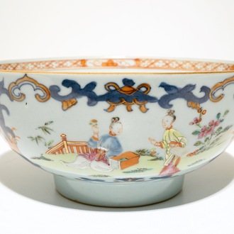 Een Chinese rose-imari kom met "Lange Lijzen", Qianlong