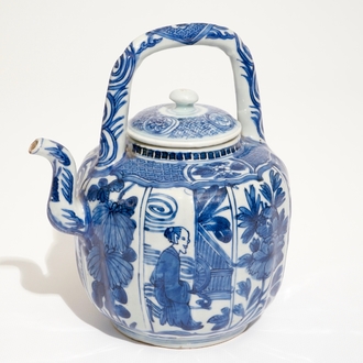 Een Chinese blauw-witte kraak wijnpot met deksel, Ming, Wanli