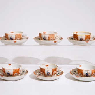 Six tasses et soucoupes en porcelaine de Chine rose imari, 18/19ème