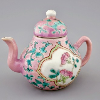 An unusual Chinese pink ground miniature teapot and cover, 19th C.