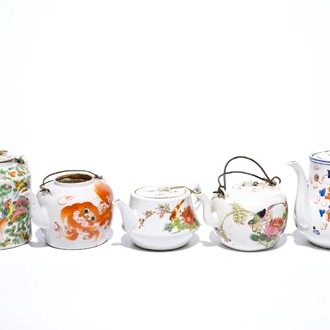 Five Chinese famille rose, iron red and qianjiang cai teapots, 19/20th C.