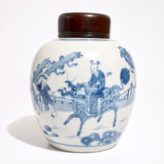 Een Chinese blauw-witte gemberpot met spelende zotjes, Kangxi