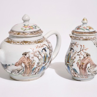 Een fijne Chinese famille rose theepot met bijhorend melkkannetje, Yongzheng