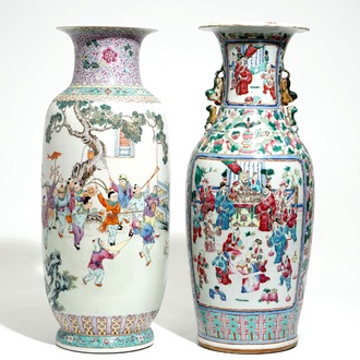 Two tall Chinese famille rose vases with playing boys and court scenes, 19th and 20th C.