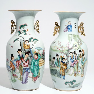 Twee Chinese famille rose vazen met hofscènes en florale decors, 19/20e eeuw