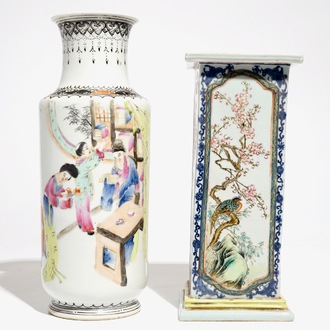 Twee Chinese famille rose vazen met personages en vogels, 20e eeuw
