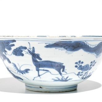 Een Chinese blauwwitte kom met herten, Wanli