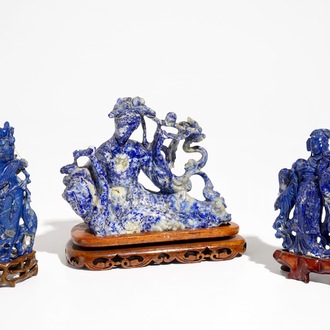 Three Chinese lapis lazuli sculptures on wooden stands, 20th C.