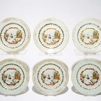 Zes Chinese Meissen-stijl borden met een havenscène, Qianlong