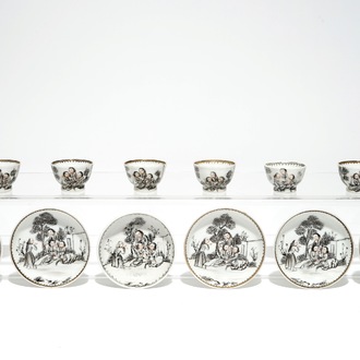 Zes Chinese miniatuur grisaille koppen en schotels met jezuïetendecor, Qianlong