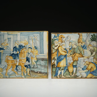 Twee rechthoekige polychrome plaquettes, Castelli, Italië, 18e eeuw