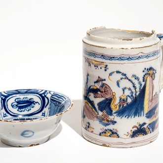 Een blauwwitte Delftse chinoiserie kom en een polychrome kroes, Braunschweig, 1e helft 18e eeuw