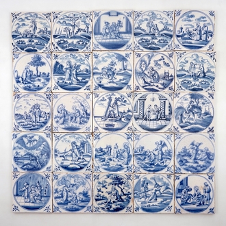 Een veld van 25 blauwwitte Delftse tegels met bijbels decor in medaillon, 18e eeuw