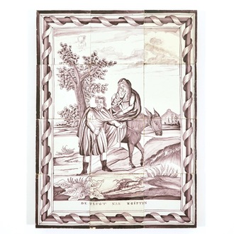 Een tegeltableau in mangaan met "De Vlucht naar Egypte", Utrecht, 1e helft 19e eeuw