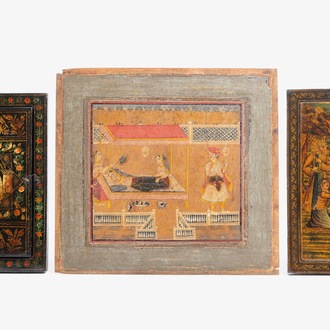 Twee beschilderde papier maché spiegellijsten en een beschilderd paneel, Qajar, Iran, 19e eeuw
