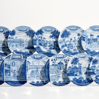 Elf blauwwitte Delftse borden uit de serie van de maanden, 19e eeuw