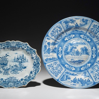 Een blauwwitte gelobde ovale Delftse schotel en een chinoiserie schotel, 17/18e eeuw
