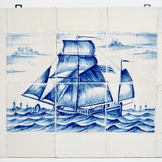 Een blauwwit Delfts tegeltableau met een haringbuis, 18e eeuw