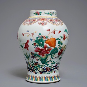 A Chinese famille rose vase of floral design, Qianlong mark, 18/19th C.