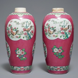 A pair of famille rose style vases with roosters on a pink ground, Samson, Paris, 19th C.
