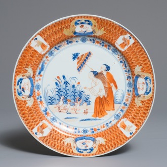 Een Chinees Imari-stijl bord naar Cornelis Pronk, "De parasoldames", Qianlong, ca. 1736-1738