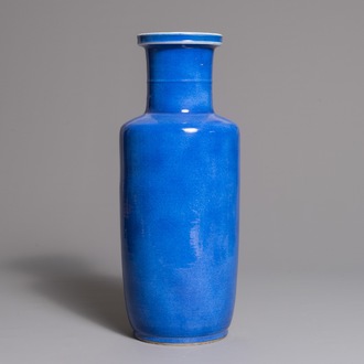 A Chinese monochrome powder blue rouleau vase, Kangxi