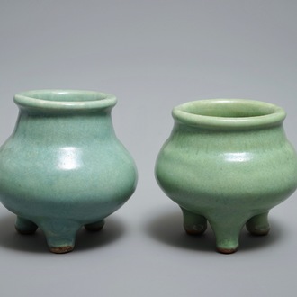 Two Chinese monochrome celadon tripod incense burners, 19/20th C.