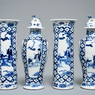 Een Chinees blauwwit vierdelig kaststel, Kangxi merk, 19e eeuw