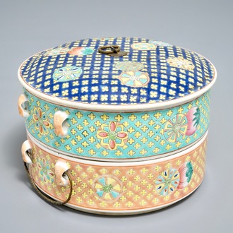 A Chinese two-tier famille rose box and cover for the Straits or Peranakan market, 19th C.