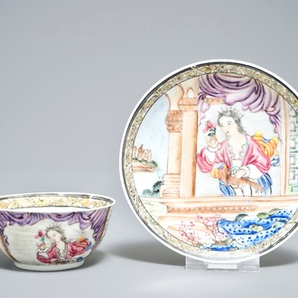 Een fijne Chinese famille rose kop en schotel met een dame en haar hondje, Yongzheng