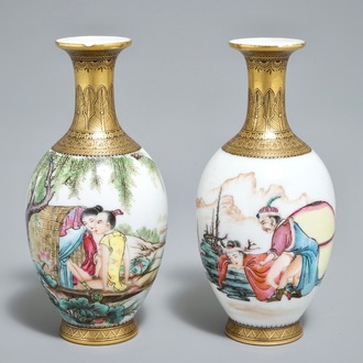 Twee Chinese famille rose eierschaal vaasjes met erotisch decor, Qianlong merk, 20e eeuw
