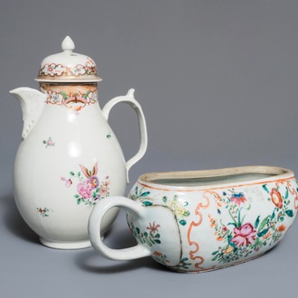 Een Chinese famille rose koffiekan en een bourdalou, Qianlong