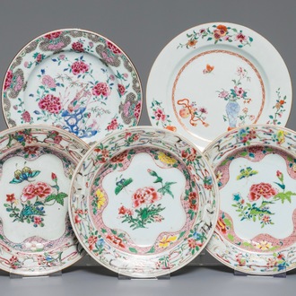 Vijf Chinese famille rose borden, Yongzheng en Qianlong