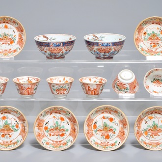 Zes Chinese Amsterdams Bont koppen en schotels en twee kommen met papegaaien, Kangxi/Qianlong
