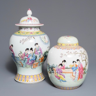 Een Chinese famille rose dekselpot en dekselvaas met fijn decor, Qianlong merk, Republiek, 20e eeuw